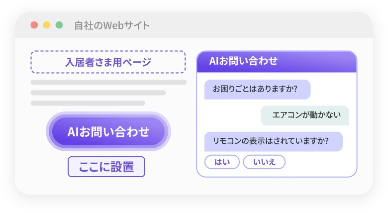 自社のWebサイトに置いたAIお問い合わせボタンと、AIとのチャット画面